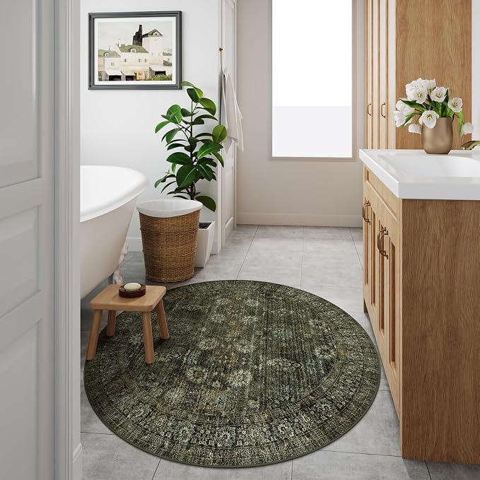 Moynesa Ultra-Thin Washable 5ft Round Rug - Teal 5x5 Circle Rugs for Living Room, Vintage Dining Room Mat Stain Resistant Nursery Carpet for Bedroom Mudroom Kitchen Apartment Home Office
