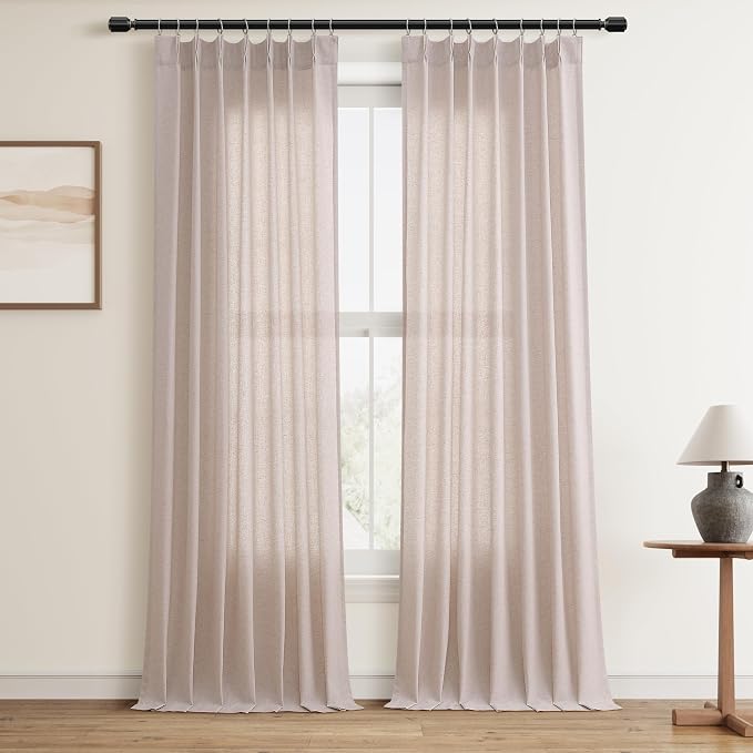 Aersas Oatmeal Pinch Pleat Linen Curtains 120 Inch Length 2 Panels Set for Bedroom Dinging Room Semi Sheer Boho Farmhouse Neutral Window Curtains 120 Inches Long for Living Room Nursery 40x120