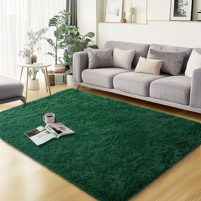 qulint Dark Green Area Rug for Bedroom 3x5, Fluffy Shag Rug for Living Room | Fuzzy Small Carpet for Nursery, Plush Shaggy Modern Alfombra for Boys and Girls Dorm Kid Room Classroom Christmas Home Decor