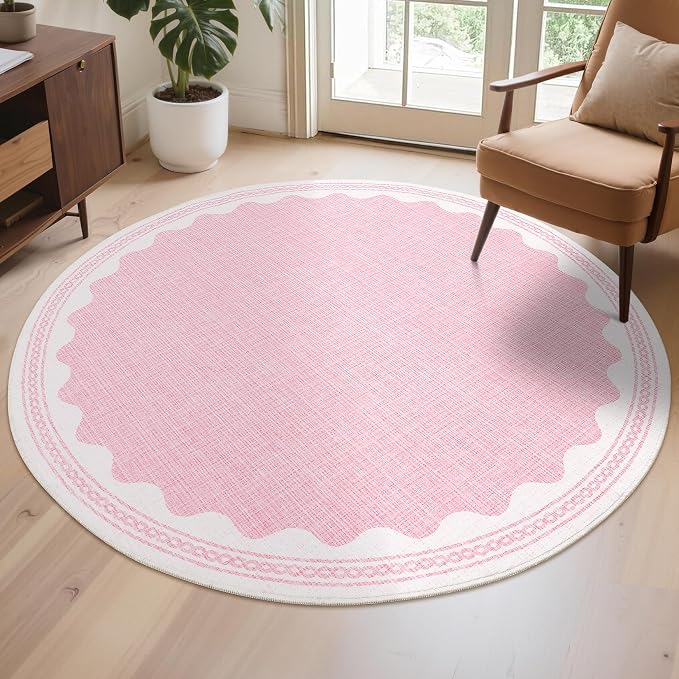 4ft Scalloped Round Rug Pink Washable Living Room Bedroom Area Rug | Small Solid Rug for Bedroom Girls, Non Slip Scalloped Round Bath Mat, Soft Dorm Nursery Carpet for Bedside