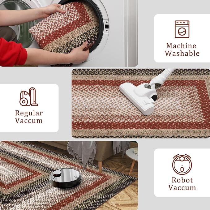 RUGSREAL Modern Rug for Entryway 3x5 Braided Rug Machine Washable Living Room Area Rug Non Slip Small Dining Room Throw Carpet Stain Resistant Farmhouse Rustic Rug for Bedroom Kitchen, Crimson/Earthy