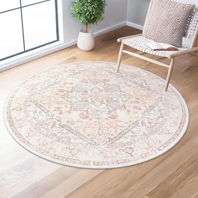 LIVEBOX Pink Vintage Round Rug 4ft Washable Floral Rug | Machine washable floral circle rug with non-slip backing for living room, bedroom, nursery and office, Girl's Room