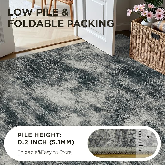 Joydeco 2x6 Washable Runner Rug for Hallway, Modern Abstract Non-Slip Soft Rugs, Low Pile Carpet for Entryway, Bedroom, Kitchen, Laundry, Light Gray & White & Dark Gray