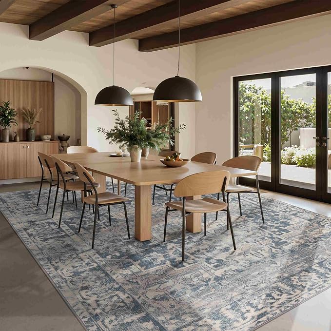 Rugxara Blue 9x12 Area Rugs for Living Room Bedroom Large Washable Rug | Non Slip, Rug for Dining Room Office Farmhouse, Stain Resistant, Soft, Low Pile, Vintage Boho Retro Carpet, Home Decor
