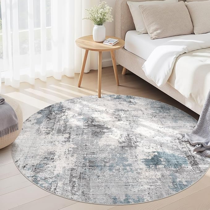 Abstract 5FT Round Rug: Machine Washable Non Slip Ultra Thin Low-Pile Carpet, Soft Stain Resistant for Living Room Bedroom Nursery, Kid Pet Friendly, Robot Vacuum Compatible - Grey Blue