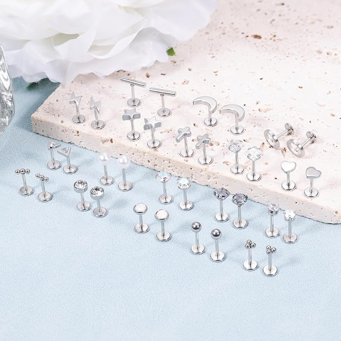 NICEIGHT 18Pairs 20G 316L Stainless Steel Threadless Push in Stud Earrings for Women Men Flat Back Cartilage Stud Earring Helix Tragus Stud CZ Heart Moon Star Ear Stud Piercing Jewelry