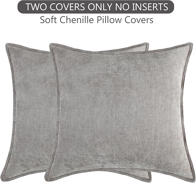 Stellhome Pack of 2 Soft Textured Throw Decorative Pillow Covers Square Accent Solid Chenille Cushion Cover Cozy Farmhouse Pillow Case for Couch Sofa Bedroom Living Room 22x22 Inch, Grey