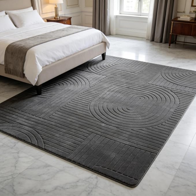 5x7 Grey Area Rug, Washable Rugs for Living Room Bedroom | Fluffy High-Low Pile Textured Rug with Modern Geometric Pattern, Ultra Soft Boho Carpet for Nursery, Kids Room, Home Office