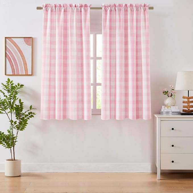Pink and White Buffalo Plaid Semi Sheer Curtains 72 Inches Long | Pretty Girls Room Cozy Drapes,Yarn Dyed Fabric,Farmhouse Window Treatment for Bedroom Living Room,52"Wx72"L,Pack of 2