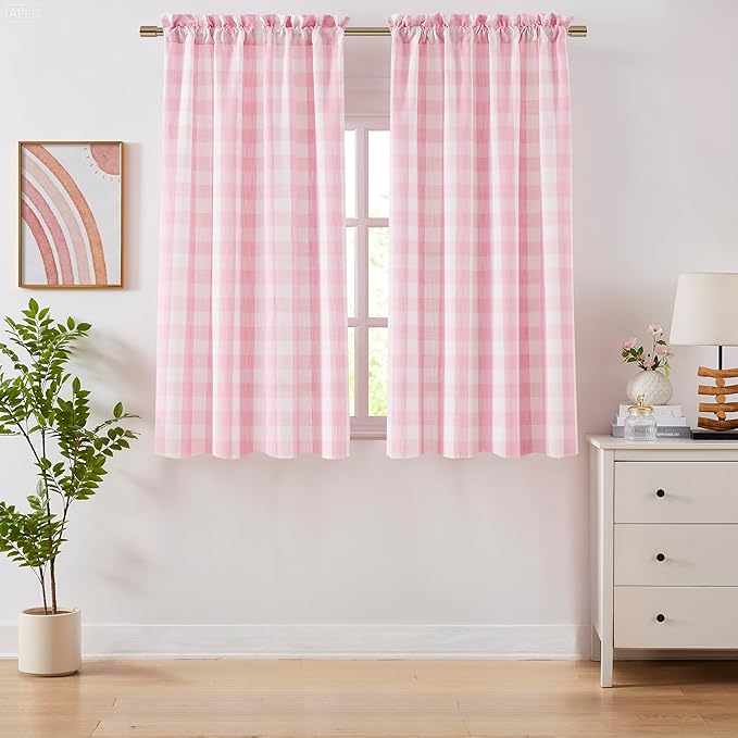 63 Inch Pink White Buffalo Plaid Semi Sheer Curtains | Girls Room Cute Checkered Drapes,Farmhouse Window Treatment for Bedroom Living Room,Rod Pocket,52"Wx63"L,Pack of 2
