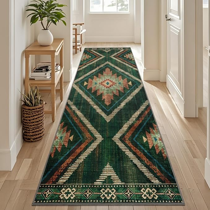 Boho 2.6x8ft Runner Rugs for Hallway Kitchen Non Slip, Long Green Geometric Washable Entryway Rug Runners Low Pile, Soft Vintage Indoor Floor Carpet for Doorway Bedroom Farmhouse Home Decor