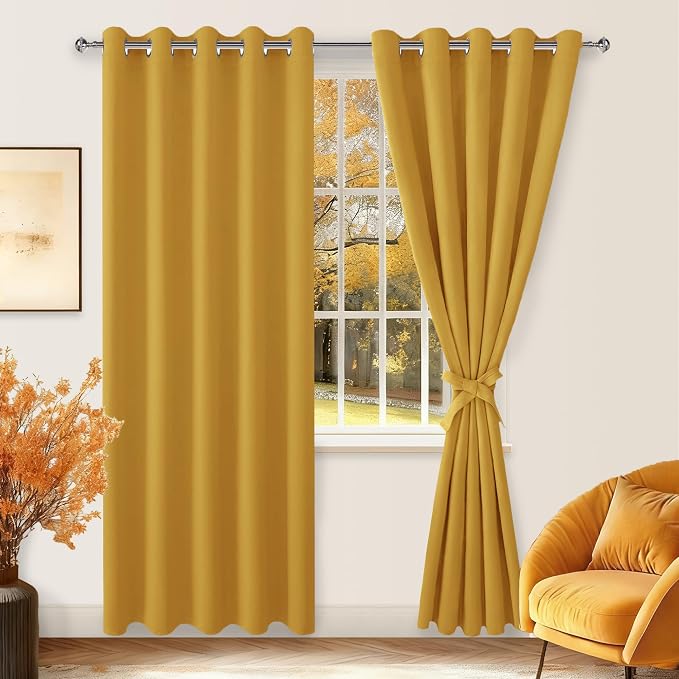 Hiasan Blackout Curtains for Bedroom, 60 x 84 Inches Long - Thermal Insulated & Light Blocking Window Curtains for Living Room, 2 Drape Panels Sewn with Tiebacks, Mustard Yellow