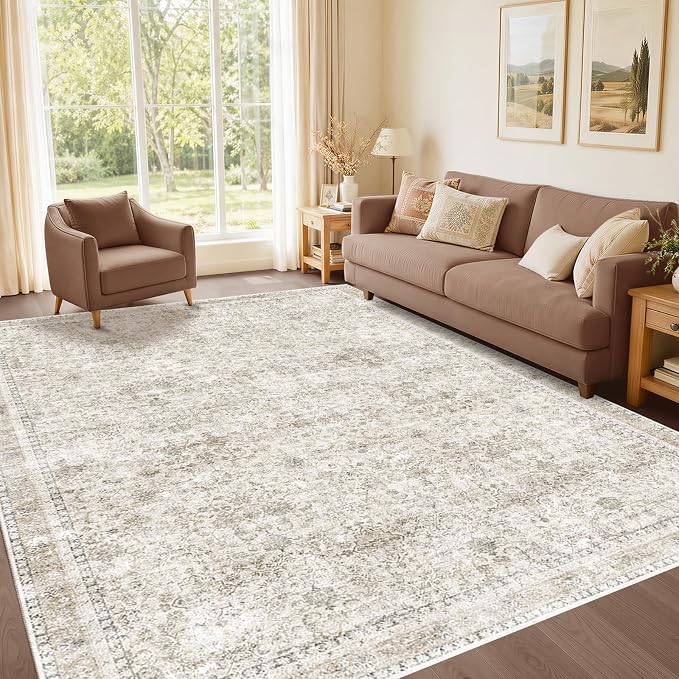 Sasttie 6x9 Area Rugs, Ultra-Soft Washable Rug, Low Pile Foldable Thin Carpets with Non-Slip Backing, Skin-Friendly Stain Resistant Carpet for Living Room, Bedroom, Kitchen, Dorm, 6x9, Beige