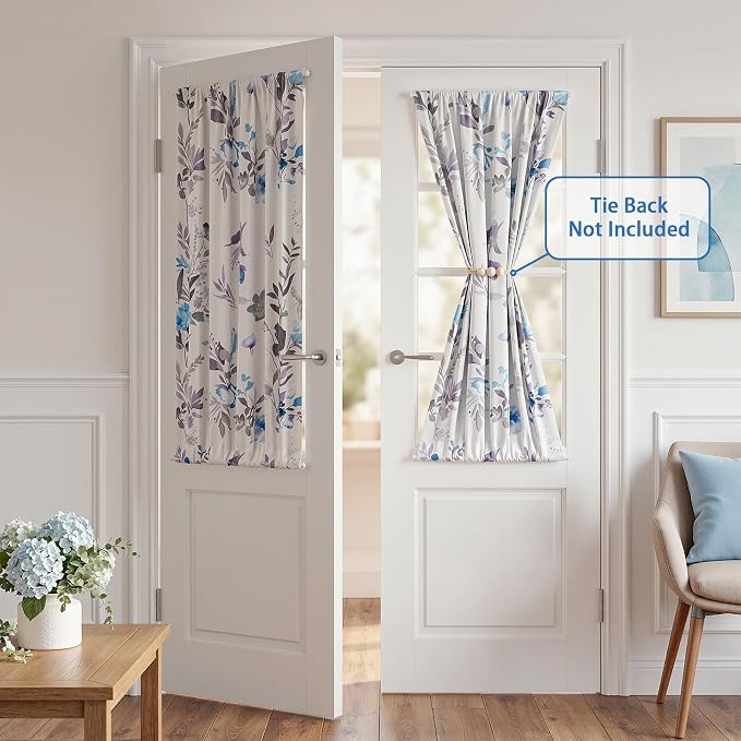 MYSKY HOME Floral French Door Curtains 40 inch Long Set of 2 Blackout Privacy Sidelight Door Window Drapes with Rod Pocket, Blue, 24" W Each Panel