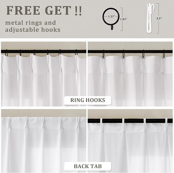 Ivory Pleated Linen Curtains 102 Inch Long Memory Shape Training | Pinch Pleat Drape， with Hooks Rings， Back Tab， for Living Room， Modern Neutral， Cream Birch， Semi Sheer， 102 Inch Curtain