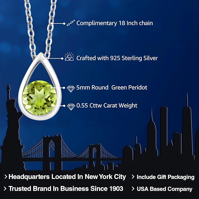 Gem Stone King Teardrop Pendant Necklace For Women | 5MM Round Gemstone Birthstone | 925 Sterling Silver | With 18 Inch Silver Chain | Fine Jewelry Gift for Her Mom Women Wife