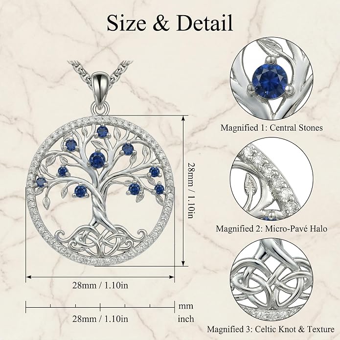 ONEFINITY Tree of Life Necklace 18k White Gold Plated Tree of Life Birthstone Pendant Necklace Birthstone Jewelry Anniversary Birthday Gifts for Women Men