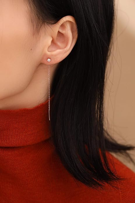 S.Leaf Gold Chain Threader Earrings for Women Trendy 925 Sterling Silver Hypoallergenic Cubic Zirconia Backless Ardant Chain Duster Threader Double Piercing Pull Through Earrings for Women Girls Birthday Gifts