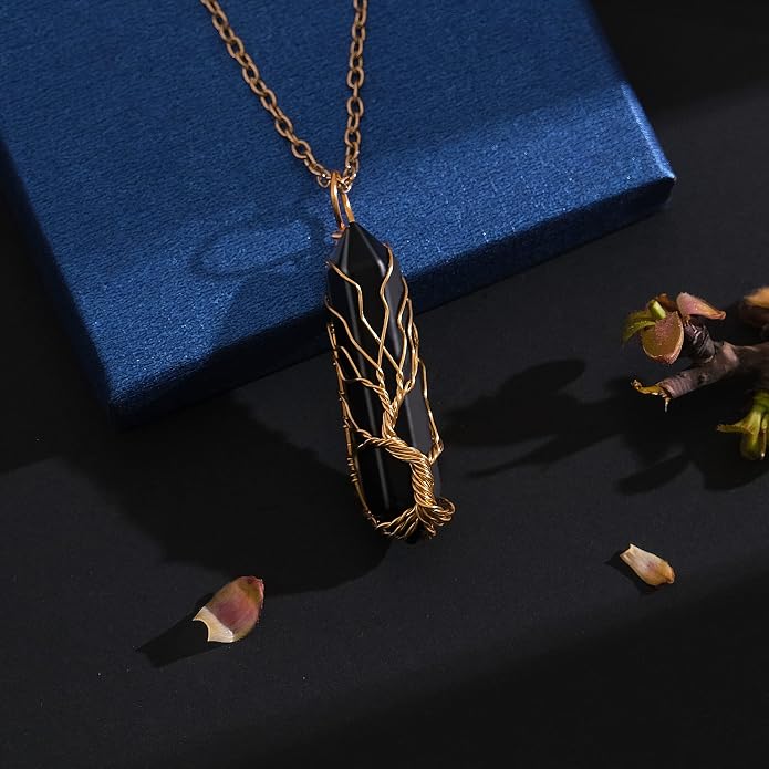 VIBILIA Healing Crystal Necklace Tree of Life Wire Wrapped Natural Stone Point Pendant Necklace Hexagonal Reiki Spiritual Quartz Gemstone Jewelry for Women Men