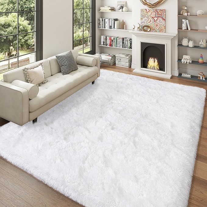 Dssimo White Fluffy Rugs for Bedroom 5x7 Soft Shag Carpet for Bedside | Non-Slip Plush Furry Cream Area Rug for Living Room Nursery Kids Room Dorm Room Home Decor, Indoor Plush Floor Carpet ﻿