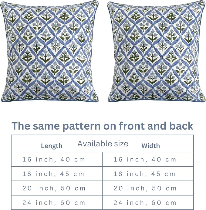 Ridhi Block Print Light Steel Blue Pillow Cover 18" x 18" (Pack of 2) Decorative Couch Pillows for Living Room, Chic Boho Cute Outdoor Pillows Covers Gifts for Spring, Easter and Valentine