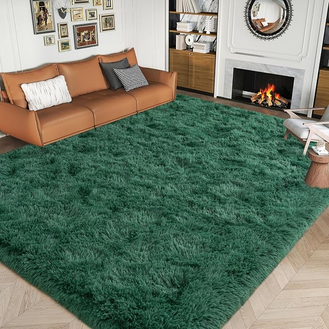 Extra Large 9x12 Green Rug for Bedroom Living Room, Soft Shaggy Area Rugs | Plush Fluffy Upgrade Non-Slip Forest Hunter Dark Green Rug for Classroom Nursery Kids Room Home Decor, Indoor Floor Carpet