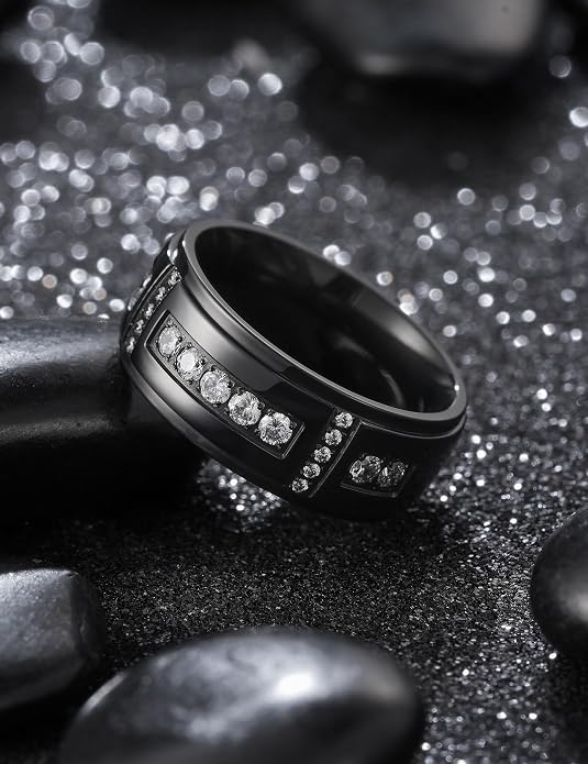 King Will Men's Titanium Wedding Band - 8mm Polished Band with Step Edges and Cross Design Featuring White Zirconia Insets Comfort Fit Size 7-14