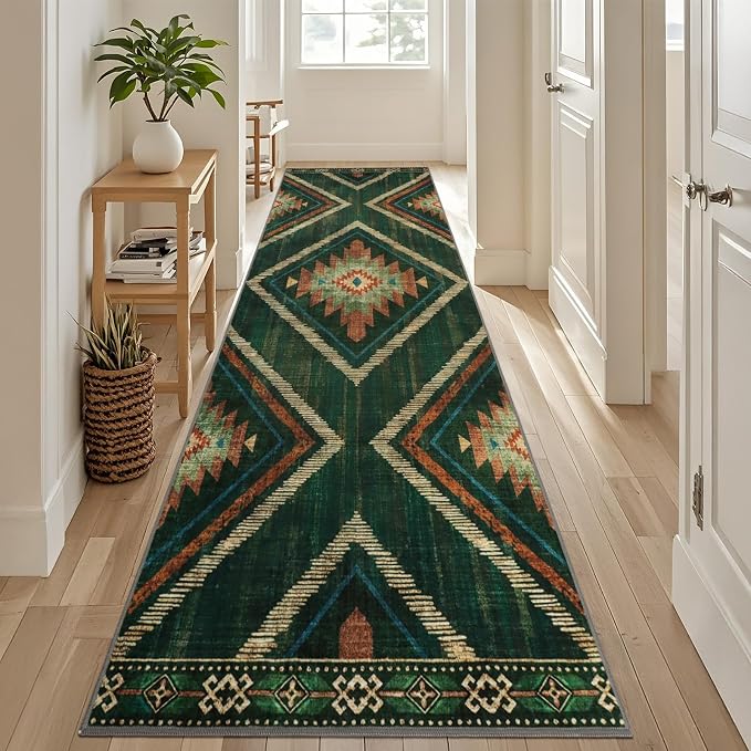 Runner Rugs for Hallway Boho 3x10Ft Non Slip, Green Moroccan Washable Kitchen Rug Runner Non Shedding, Soft Geometric Entryway Floor Carpet for Floor Bedroom Doorway Office Decor