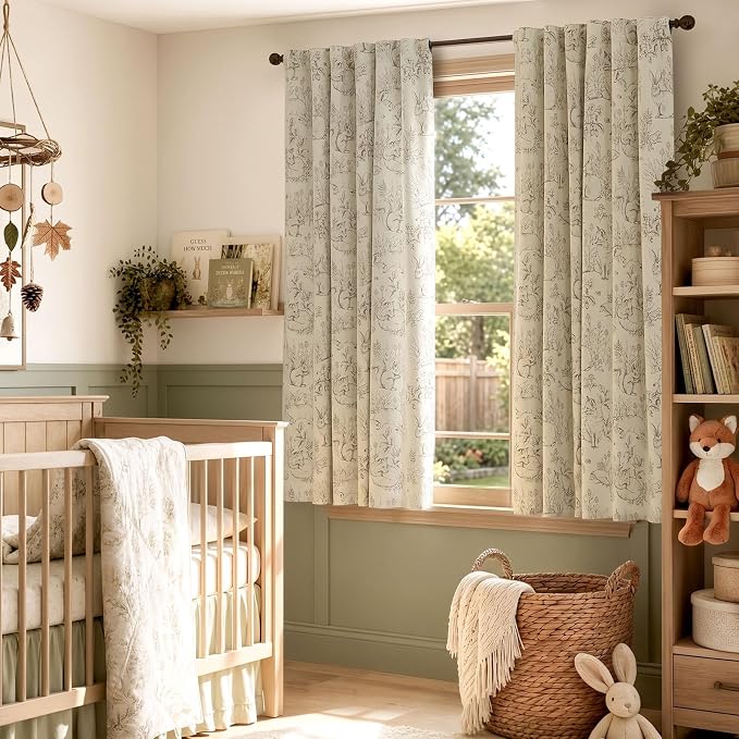 jinchan Taupe Blackout Curtains 63 Inch Whimsical Back Tab 2 Panels | Room darkening,nursery kids bedroom,privacy,whimsical,cottagecore,bunny pattern,botanical,nature-inspired decor