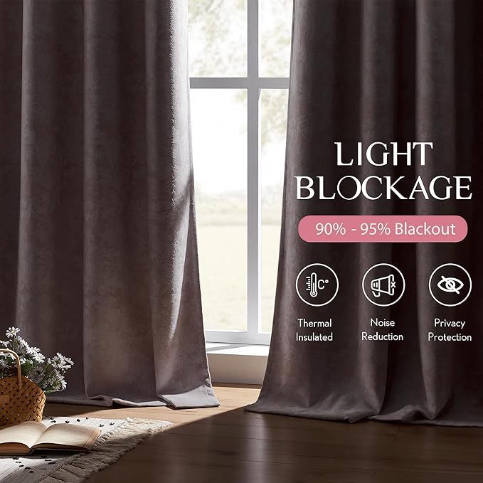 Beauoop Pink Floral Jacquard Blackout Curtains for Bedroom 52x96 2 Panels | Flower Chenille Room Darkening Drapes for Living Room 96 Inch Long Thermal Insulated Soundproof Window treatment Grommet