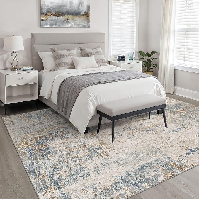 10x12 Area Rug Living Room: Washable Large Neutral Rug Abstract Soft Modern Stain Resistant Indoor Floor Non-Slip Carpet for Bedroom Nursery Kids Office Playroom Dining Room Under Table- Blue Brown