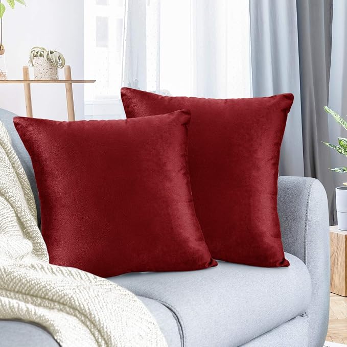 Nestl Throw Pillow Covers, Cozy Velvet Decorative Pillow Cases 24 x 24 Inches, Soft Solid Couch Pillow Covers for Sofa, Bed and Car, Set of 2 - Cherry Red