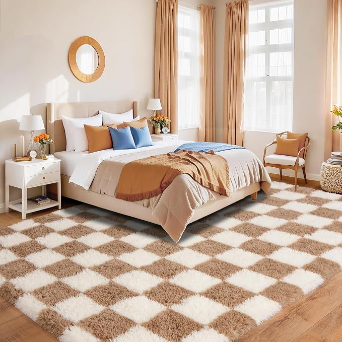 Pionblank 8x10 Area Rugs for Living Room, Fluffy Plush Checkered Rug for Bedroom, Shag Non Slip Soft Furry Large Carpet for Kids Room Nursery Home Decor, Beige and Cream White