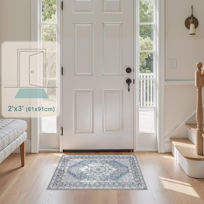 Tortania Area Rug 2x3 Doormat - Washable Vintage Oriental Farmhouse Soft Thin Indoor Carpet for Living Room Bedroom Hallway Entryway Kitchen - Blue