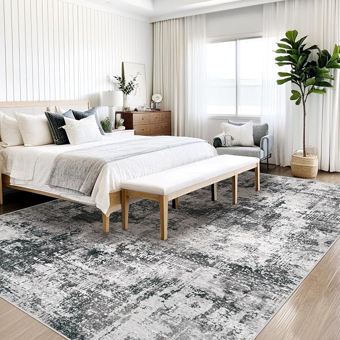 9x12 Area Rug for Living Room: Washable Abstract Soft Rugs Non Slip Modern Stain Resistant Low Pile Carpet for Dining Room Bedroom Nursery Office (Black Grey, 9'x12')