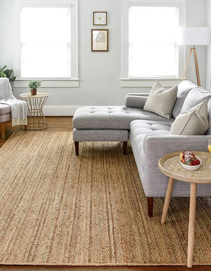 FRELISH DECOR Handwoven Jute Area Rug - 9x12 Feet Natural Yarn - Rustic Vintage Beige Braided Reversible Rectangular Rugs for Bedroom - Kitchen - Living Room - Farmhouse (9' x 12')
