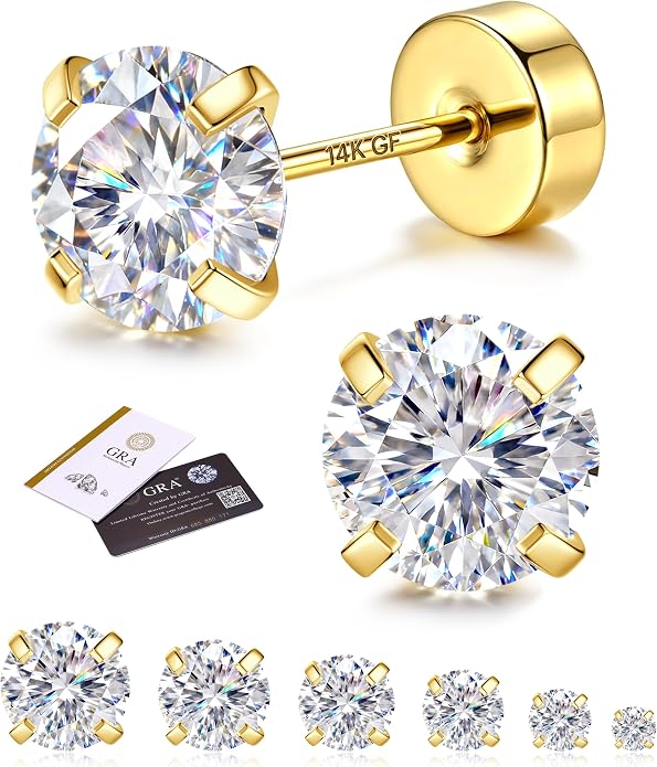 GEMQUEEN 6 Pairs 2-7mm Moissanite Earrings Studs 14K Gold Plated Stainless Steel Flat Back Earring for Women Men - Hypoallergenic Cartilage Helix Piercing Jewelry Brilliant Round Cut D Color VVS1 5.97CT