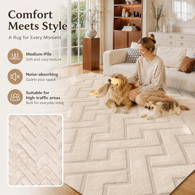 Ciicool 6x9 Large Area Rug for Living Room,Beige Washable High-Low Pile | Modern Textured Soft Fluffy Non Slip Carpet Non Shedding Geometric for Kids Bedside Bedroom Dining Room Office Indoor Decor