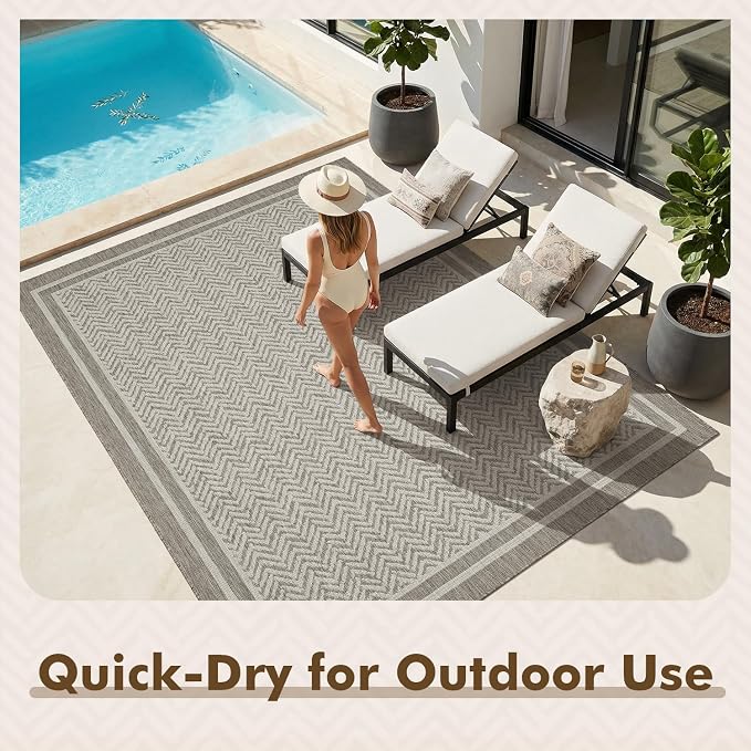 MontVoo-Outdoor Rug-Patio Rug 8x10 Polypropylene Indoor Outdoor Rugs Outdoor Carpet for Patio Deck Balcony Porch, Textured Weave, Durable for High Traffic, Fade-Resistant, Boho Farmhouse Silver Grey
