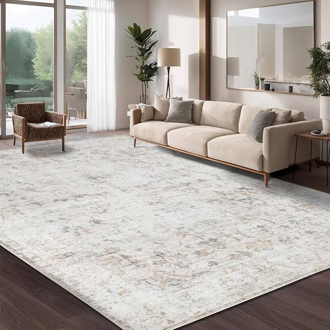 Washable 9×12 Area Rug for Living Room, Vintage Floral Rug Soft Non Slip Stain Resistant Boho Carpet for Indoor Bedroom Dinning Room Home Office Beige