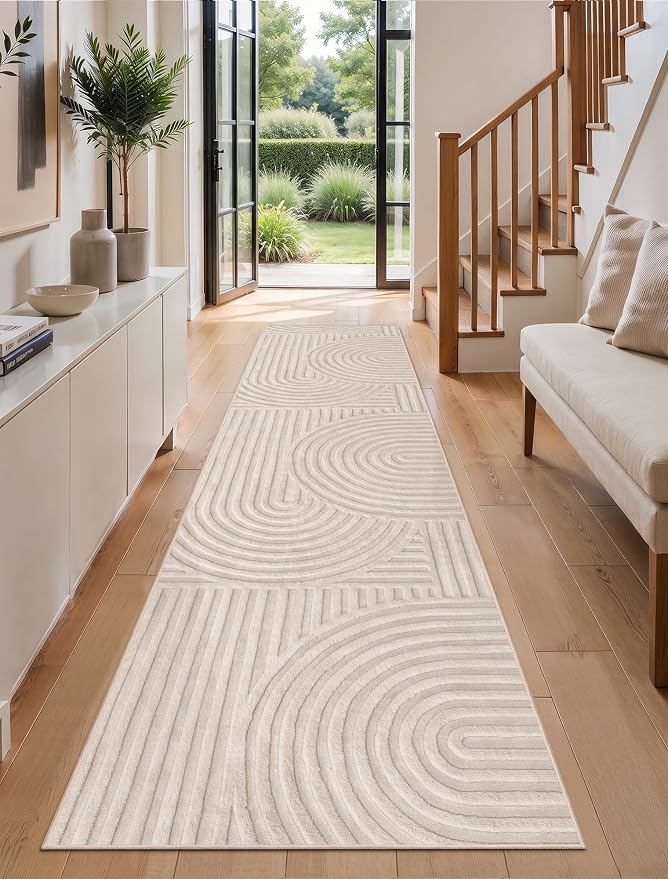 Ciicool Long 8ft Hallway Runner Rug,Beige Solid Color Kitchen Area Rugs | Modern Textured Soft Fluffy Non Slip Cozy Carpet Stain Resistant Bedside Bedroom Dining/Living Room Office Indoor Decor