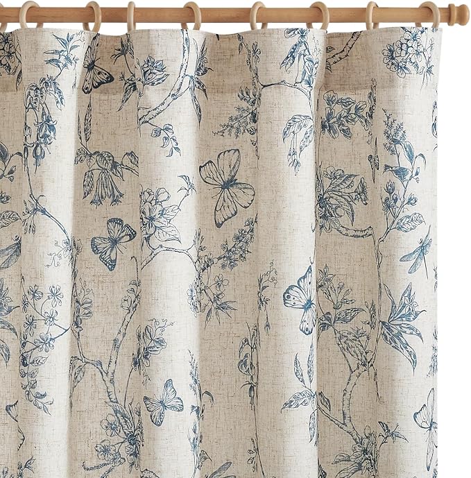jinchan Blue Floral Linen Curtains Lined 96 Inch Vintage Back Tab 2 Panels | Privacy lining, light filtering drapes, cottagecore, french country, farmhouse, bedroom, living room, window treatment