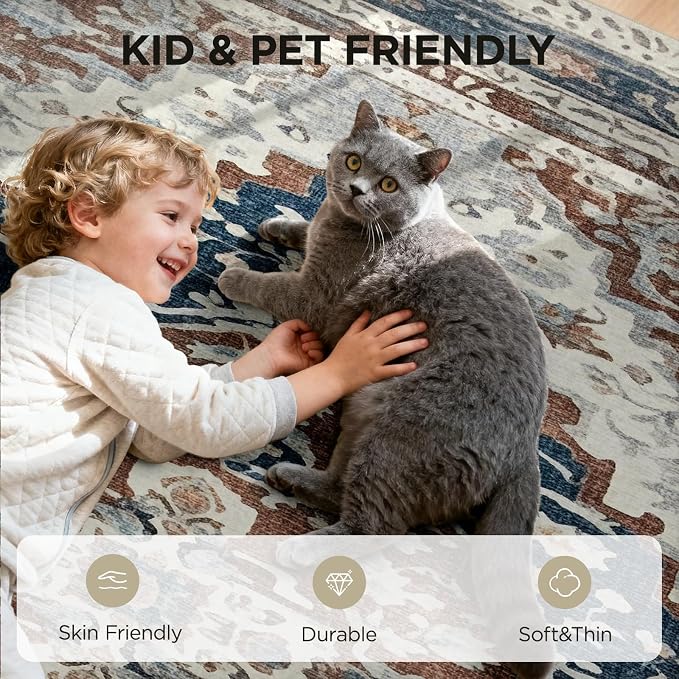 Joydeco 8x10 Area Rugs for Living Room, Non Slip Machine Washable Vintage Rug, Low Pile Chenille Print Rugs for Bedroom, Dining Room, Home Office, Pet & Child Friendly, Beige & Blue & Reddish-Brown