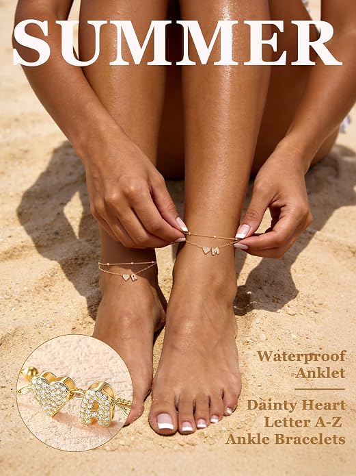 KeyStyle Initial Ankle Bracelets for Women, Stainless SteeL Heart Anklets – Waterproof Layered CZ Initial Anklets,Dainty Summer Foot Jewelry, Mom Birthday Surprises,Gold/Silver