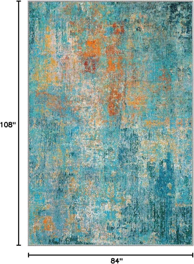 RELEANY Washable Area Rugs 7'x9' Non-Slip Modern Abstract Soft for Living Room Entryway Bedroom Kitchen, Print Pattern, Teal Blue Green Orange Rust Red Coloreful