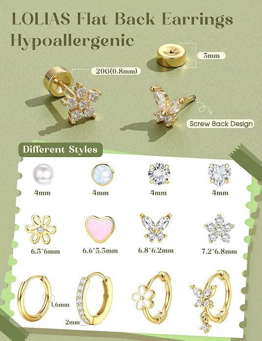 LOLIAS Hypoallergenic Flat Back Earrings for Women Girls-Cute Toddler Kids Teen Girls Earring Set-Surgical Steel Earrings for Sensitive Ears-14K Gold Plated Stainless Steel Flatback Studs Screw Back Small Hoop Cartilage Earring Stacks