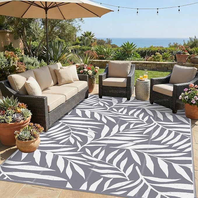 Smiry Outdoor Rug 9x12 ft, Waterproof Reversible Plastic Straw Rugs, Outdoor Area Rug with Leaf Pattern, Outside Floor Mat for Patio, Backyard, Deck, Picnic, Beach, Camping, Grey & White