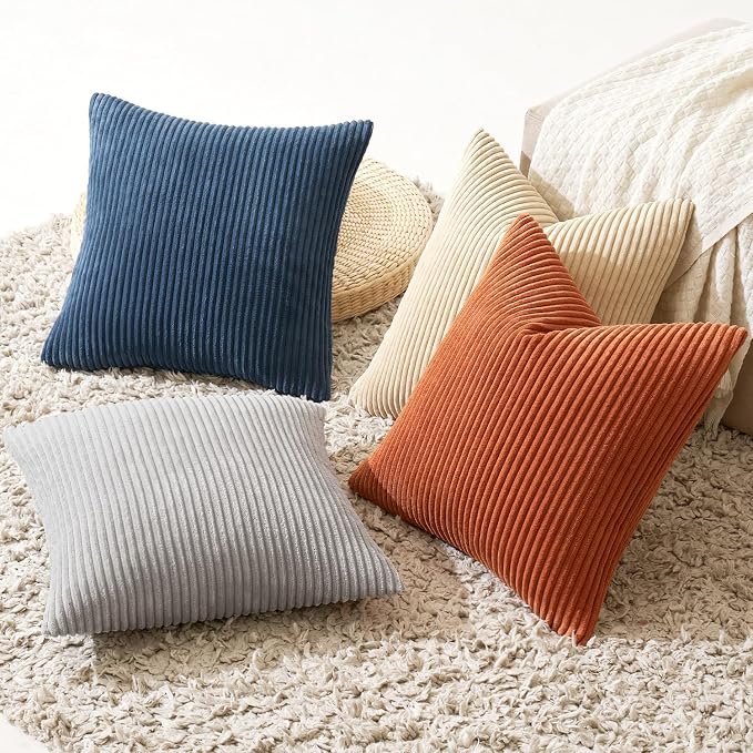 MIULEE Boho Farmhouse Throw Pillow Covers 20x20 Inch Set of 4 Summer Mordern Neutral Cushion Covers Soft Corduroy Nordic Home Decor for Couch Bed Sofa Living Room Blue-Yellow