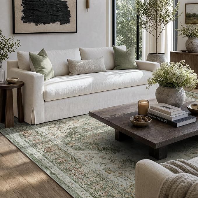 AMOAMI Vintage Soft Green Area Rug - 9x12, Non-Slip, Washable for Living Room, Bedroom, Dining Room, Office