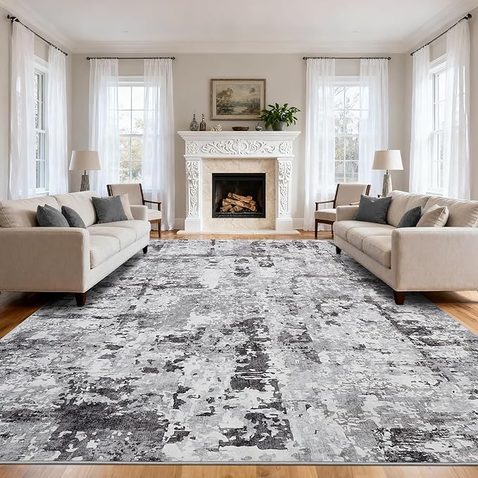 GarveeHome 9x12 Abstract Area Rugs Grey Washable Living Room Bedroom Rug | Soft Low Pile Non Slip Accent Rug for Living Room, Dining Room, Modern Neutral Beige Indoor Carpet